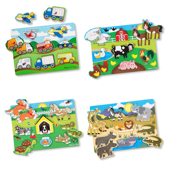 Wooden Peg Puzzle 4-Pack – Vehicles, Farm, Safari, Pets X3